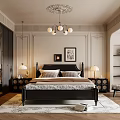 Classic Bedroom Interior With Black Bed Frame Chandelier Decorative Paintings Dark Wardrobes And Bedside Lamps