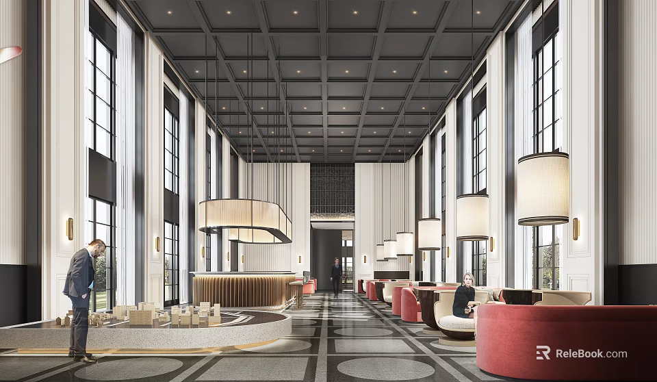 Spacious Sales Office Interior With Large Windows Black Grid Ceiling And Red Sofas 3d model