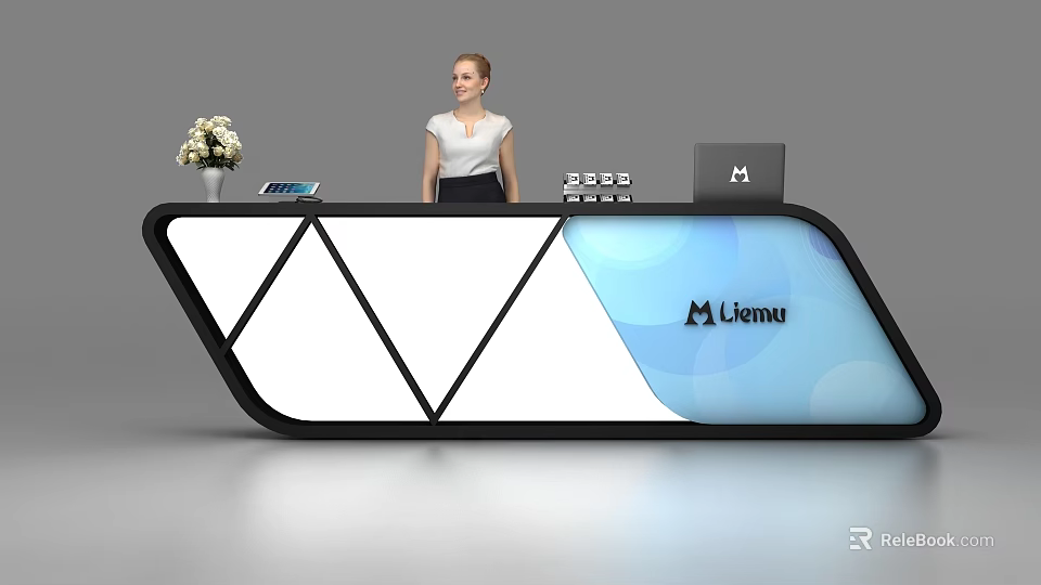 Modern Reception Desk With Unique Design Company Logo Flower Vase And Receptionist 3d model 