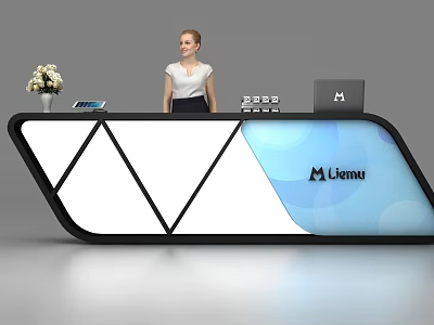 Modern Reception Desk With Unique Design Company Logo Flower Vase And Receptionist 3d model