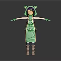 3D Character Wearing Frog Ears Hat Green Dress Backpack And Brown Boots With Outstretched Arms