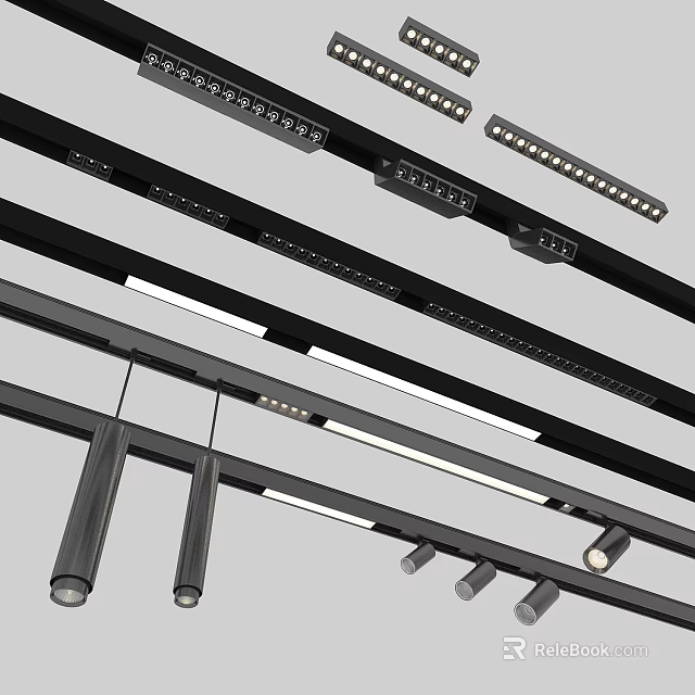 Modern Black Lighting Combination With Track Pendant And Strip Ceiling Lights 3d model