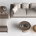 Wicker Casual Sofa Set With Light Cushions Round Coffee Table And Woven Ottoman 3d model