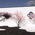Garden Plant Combination With Pink Blossom Trees White Wall Black Lattice And Stone Ground