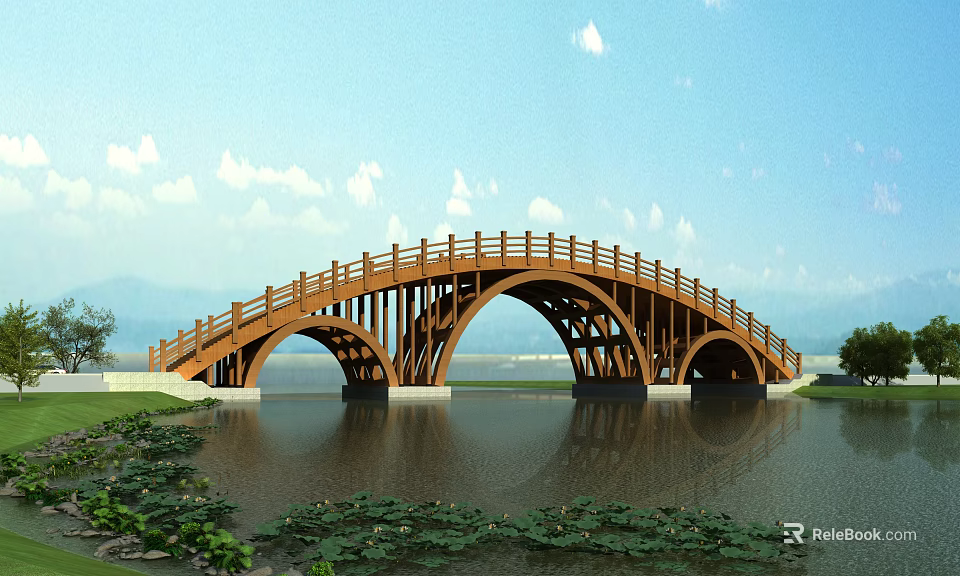 Wooden Arched Bridge Over Water With Lotus Leaves And Blue Sky Reflection 3d model 