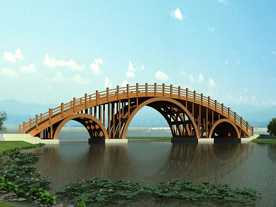 Wooden Arched Bridge Over Water With Lotus Leaves And Blue Sky Reflection 3d model