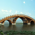 Wooden Arched Bridge Over Water With Lotus Leaves And Blue Sky Reflection
