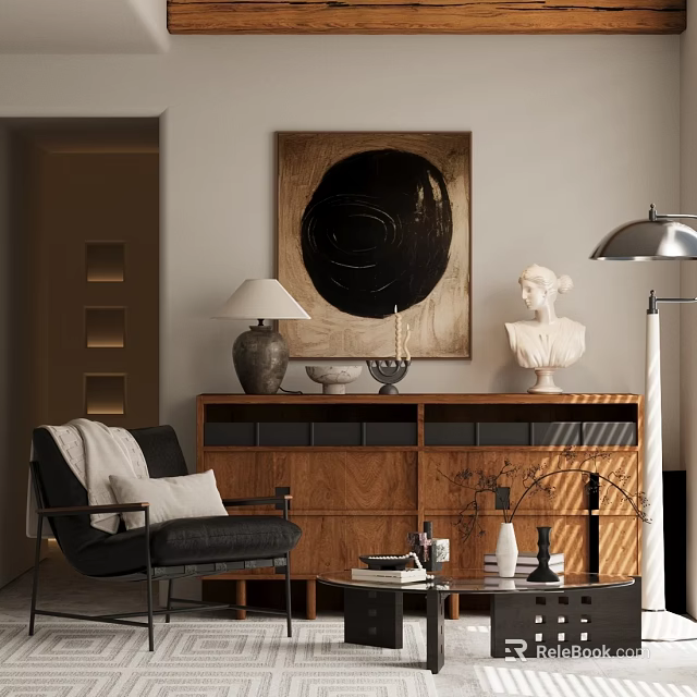 Elegant Modern Living Room Accent Chair With Wooden Cabinet White Sculpture And Round Painting 3d model 