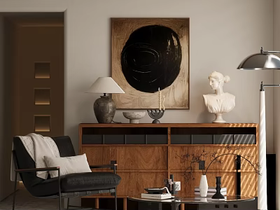 Elegant Modern Living Room Accent Chair With Wooden Cabinet White Sculpture And Round Painting 3d model