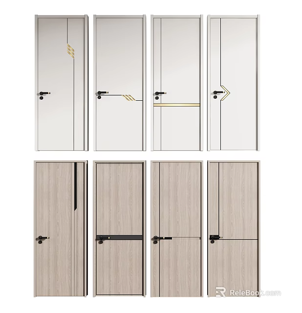 Modern Hinged Doors With Wooden Panels Mirror Finish And Sleek Handles 3d model 