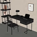 Modern Black Desk Setup With Table Lamp Camera Laptop Near Bookshelf And Wall Painting