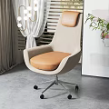 Modern Beige Fabric Office Chair With Brown Leather Cushion And Metal Caster Base