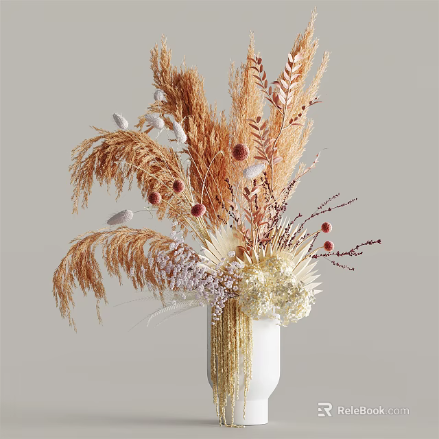 White Vase With Gold Tassel Decor And Dried Brown Pampas Grass Red Berries White Flowers 3d model 