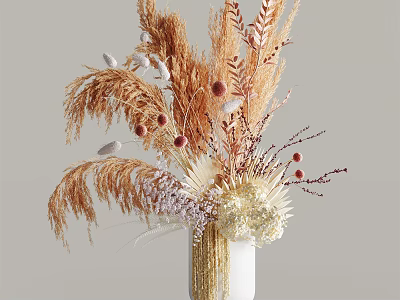 White Vase With Gold Tassel Decor And Dried Brown Pampas Grass Red Berries White Flowers 3d model