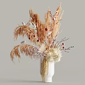 White Vase With Gold Tassel Decor And Dried Brown Pampas Grass Red Berries White Flowers