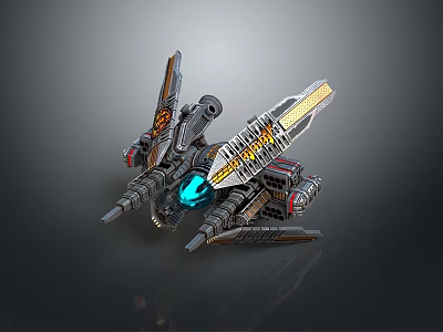 Futuristic Mechanical Spaceship Model With Blue Glowing Core And Sharp Metal Wings 3d model