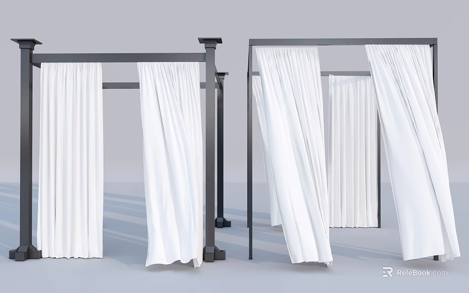 Elegant White Curtains With Modern Drapery Design And Metal Rod For Home Interior 3d model 