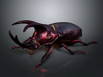 Large Horned Beetle With Shiny Dark Exoskeleton And Detailed Legs On Dark Background 3d model
