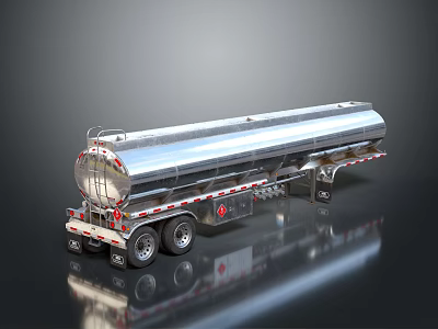 Shiny Silver Fuel Tanker Trailer With Multiple Wheels On Reflective Surface 3d model