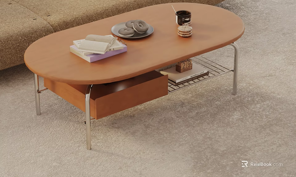 Wooden Oval Coffee Table Featuring Metal Frame Storage Drawer Books Biscuit Plate And Coffee Mug 3d model 