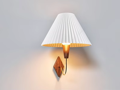 Modern Wall Lamp With White Pleated Lampshade And Wooden Base Emitting Warm Light 3d model