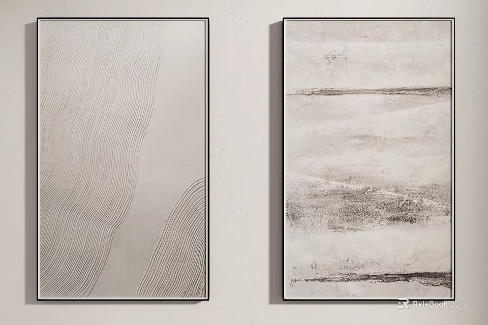 Two Abstract Paintings With Black Frames Hanging On Wall In Monochrome Tones 3d model