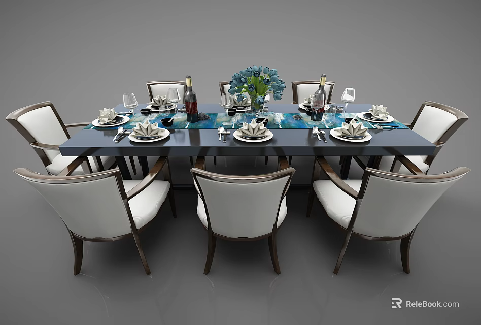 Elegant Dining Table Set With Chairs Tableware Wine Glasses And Blue Flower Vase 3d model 