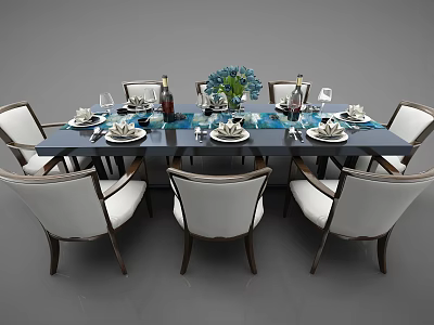 Elegant Dining Table Set With Chairs Tableware Wine Glasses And Blue Flower Vase 3d model