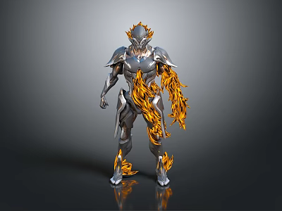 Futuristic Silver Armored Character With Orange Flame Decorations In Sci Fi Fantasy Style 3d model