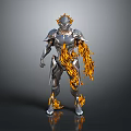 Futuristic Silver Armored Character With Orange Flame Decorations In Sci Fi Fantasy Style