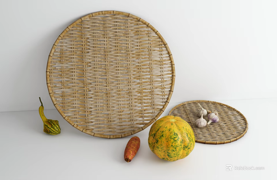 Garden Decor Featuring Round Wicker Trays And Fresh Harvested Pumpkin Garlic Carrot 3d model 