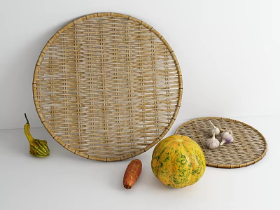 Garden Decor Featuring Round Wicker Trays And Fresh Harvested Pumpkin Garlic Carrot 3d model