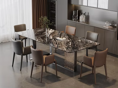 Modern Style Dining Table Set With Marble Top And Gray Brown Chairs 3d model