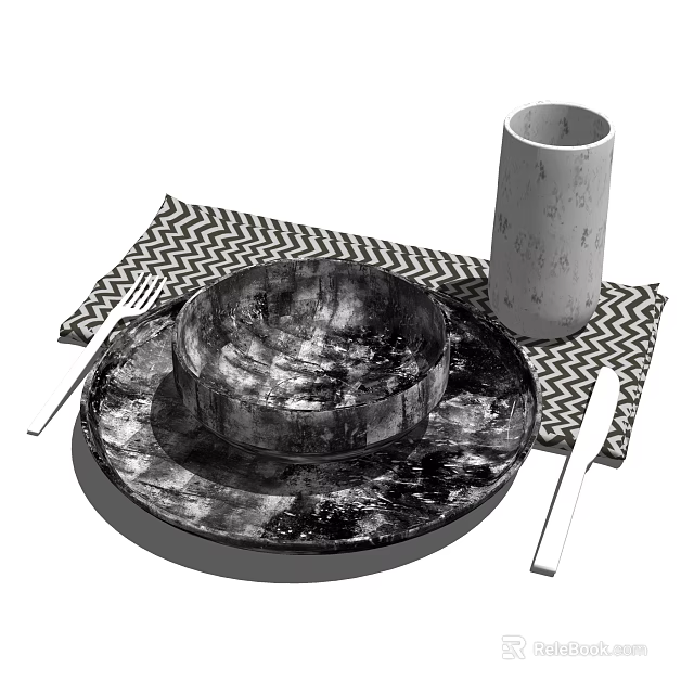 Textured Ceramic Tableware Set With Plate Bowl Cup Fork Knife And Zigzag Placemat 3d model 