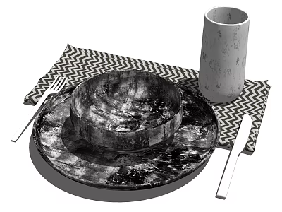 Textured Ceramic Tableware Set With Plate Bowl Cup Fork Knife And Zigzag Placemat 3d model
