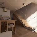 Modern Minimalist Apartment Open Layout Living Room Sofa Dining Table Wooden Staircase Natural Light