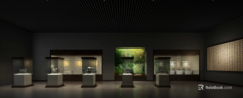 Elegant Cultural Center Exhibition Interior With Glass Display Cases And Artifacts 3d model 