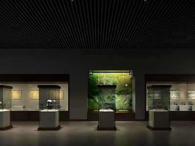 Elegant Cultural Center Exhibition Interior With Glass Display Cases And Artifacts 3d model