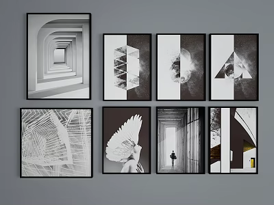 Modern Black And White Framed Wall Art With Geometric Architectural Feather And Silhouette Designs 3d model
