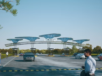 Modern Entrance Gate With Logo And Umbrella Shaped Canopies For Vehicles And Pedestrians 3d model