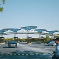 Modern Entrance Gate With Logo And Umbrella Shaped Canopies For Vehicles And Pedestrians