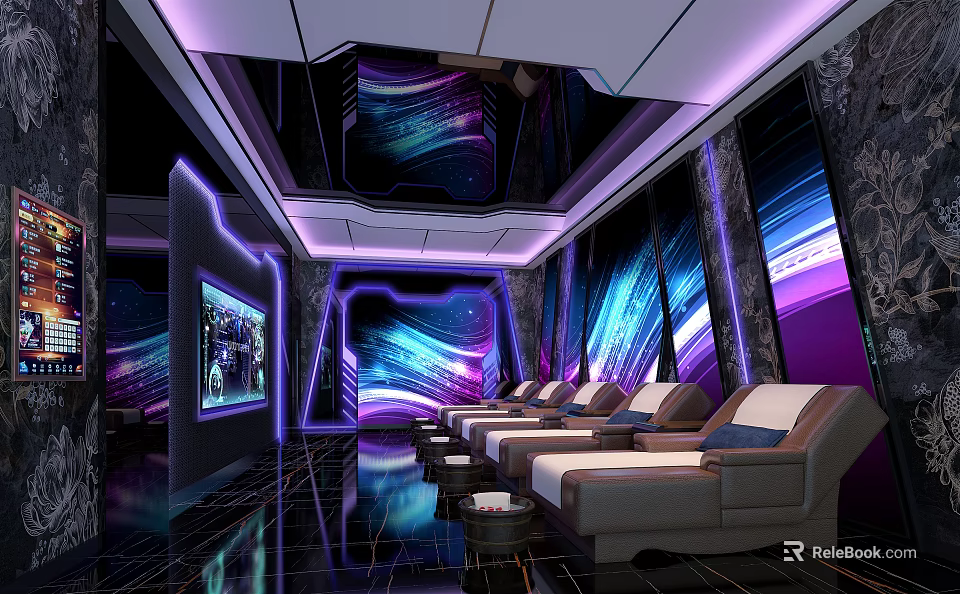 Luxurious SPA Sauna Interior With Purple Blue Lighting And Comfortable Lounge Chairs 3d model 