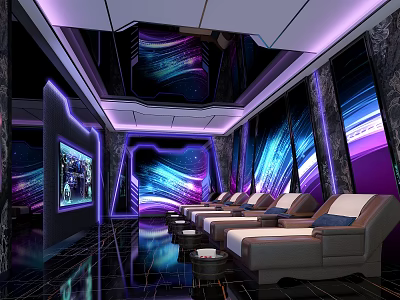 Luxurious SPA Sauna Interior With Purple Blue Lighting And Comfortable Lounge Chairs 3d model
