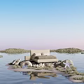 Modern Sofa On Floating Sand Island With Starfish And Green Plants