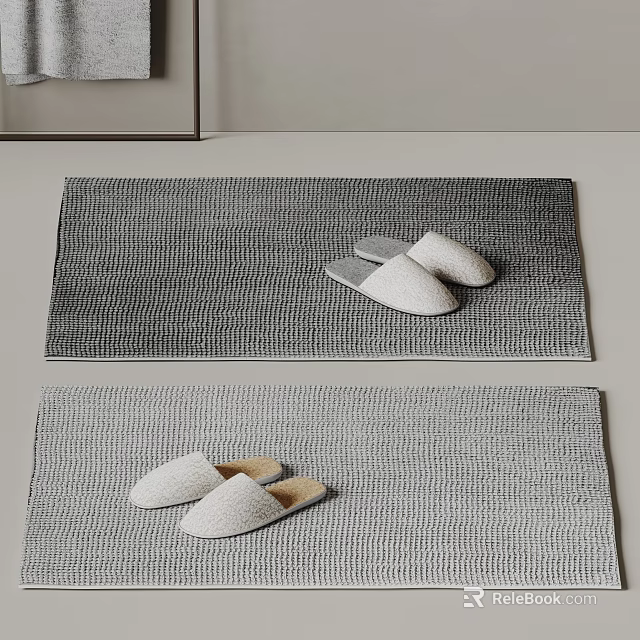 White Slippers with Beige Inner Lining Resting on Gray Gradient Textured Mats 3d model