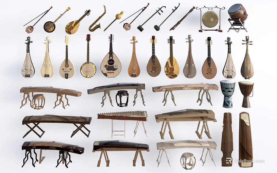 Traditional Musical Instruments and Art Supplies with Various Types and Handcrafted Designs 3d model 