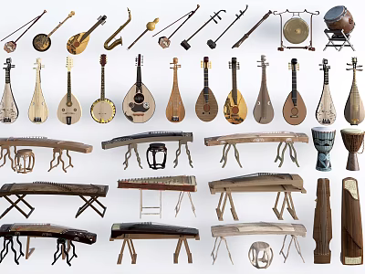 Traditional Musical Instruments and Art Supplies with Various Types and Handcrafted Designs 3d model