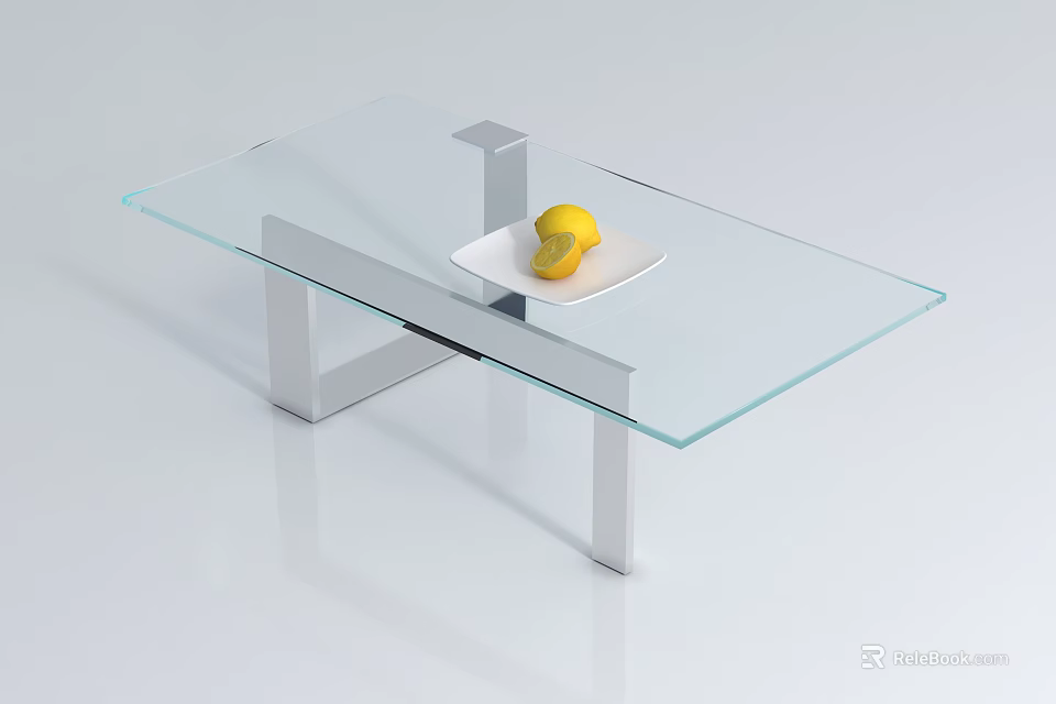 Modern Glass Coffee Table with Silver Metal Legs and White Plate Yellow Lemon 3d model 