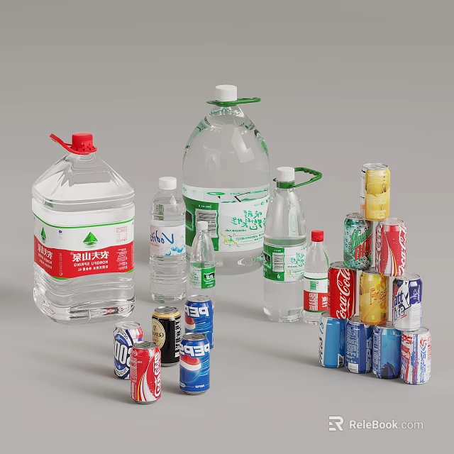 Various Beverage Containers With Different Sizes Bottled Water And Canned Drinks 3d model 