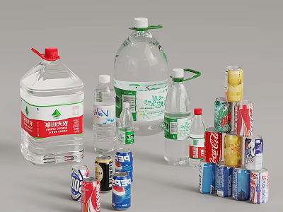 Various Beverage Containers With Different Sizes Bottled Water And Canned Drinks 3d model